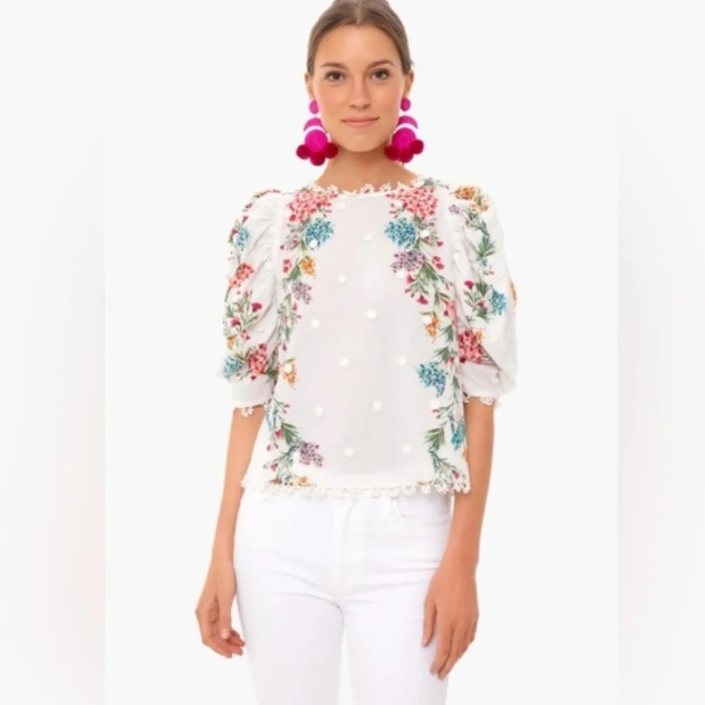 FARM RIO Louise Floral White Multi Floral Puff Sleeve Top M Like New RARE - Picture 5 of 16